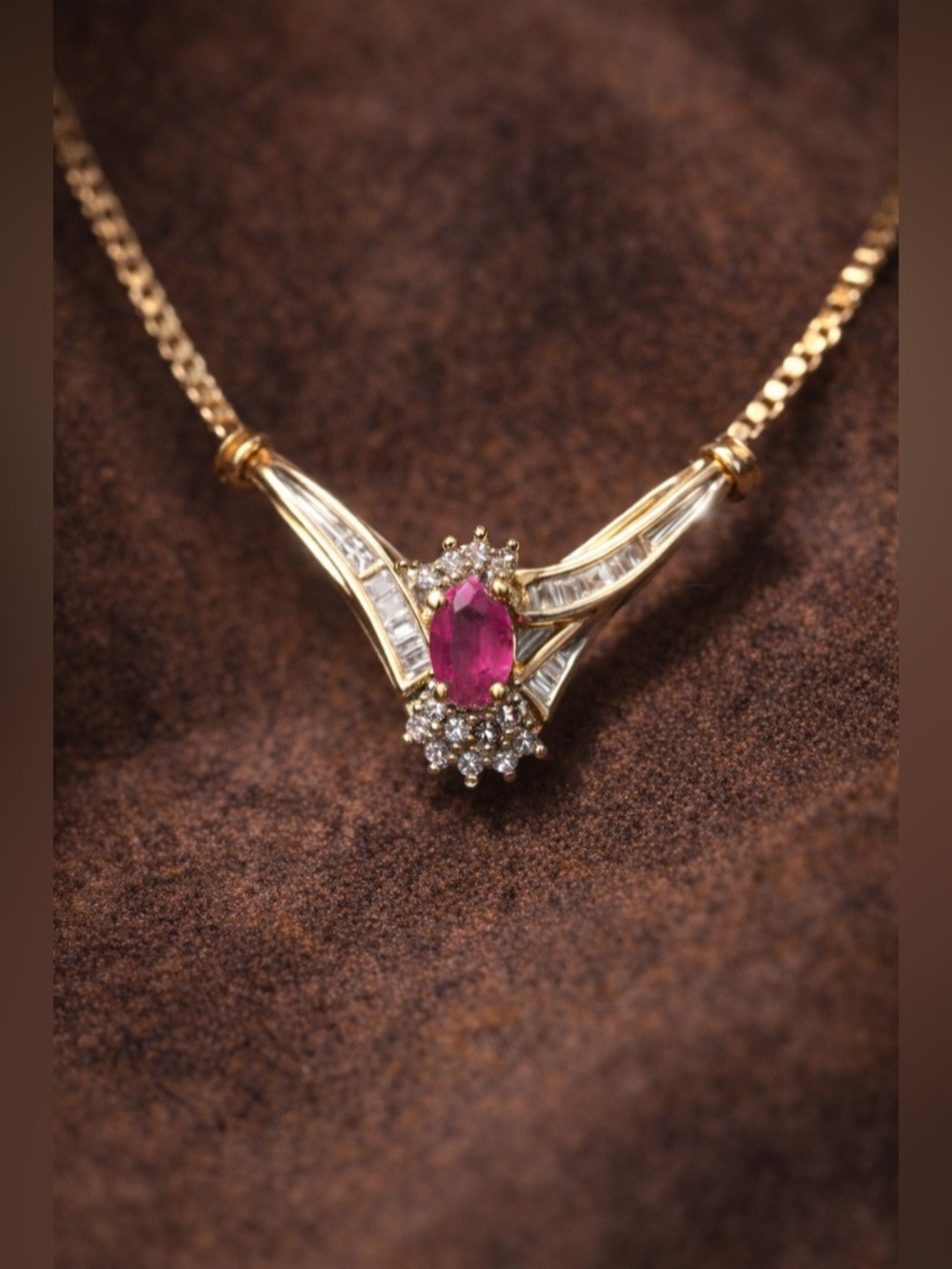 Vintage Italian ADL 10k Gold Ruby & Baguette Diamond Designer Necklace 4.3 grams - Picture 7 of 16